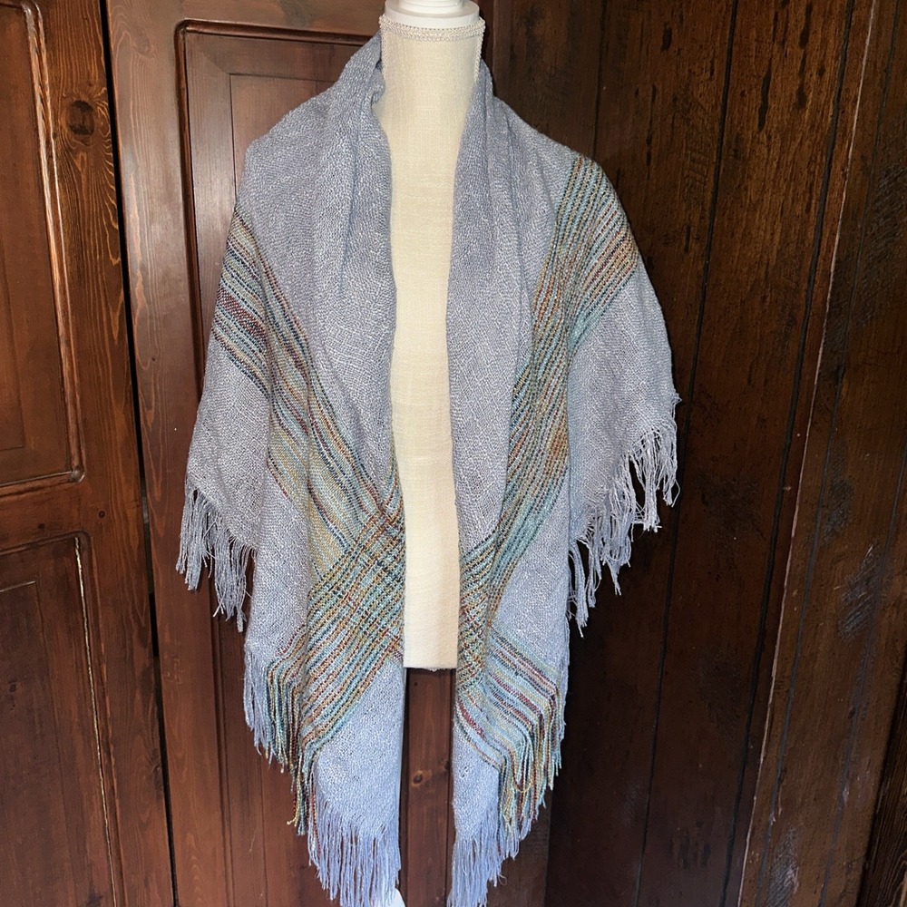 Women's Blue Large Oversized Poncho Scarf Wrap Fringe 49x49